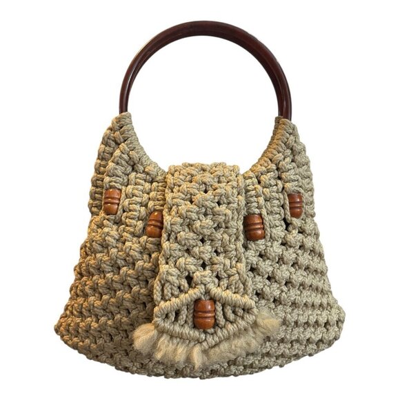 None Handbags - Vintage Handmade Cream/Tan Macramé Hobo Bag with Wooden Accents